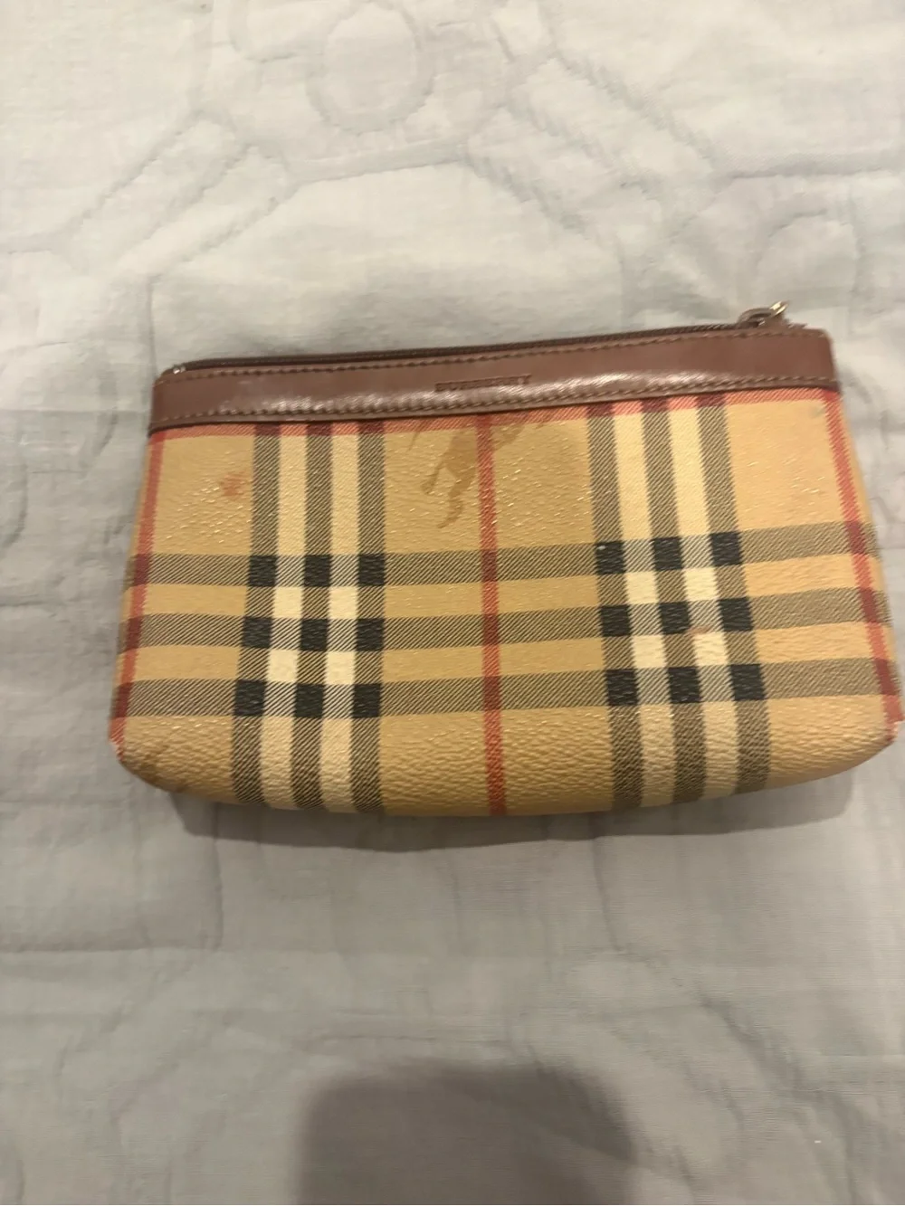 Burberry Beige Plaid Cosmetic Pouch with Brown Trim